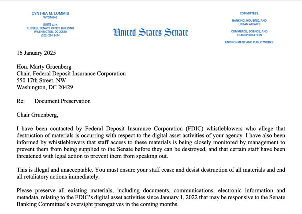 FDIC Destroyed Operation Chokepoint Docs, Says Senator Lummis